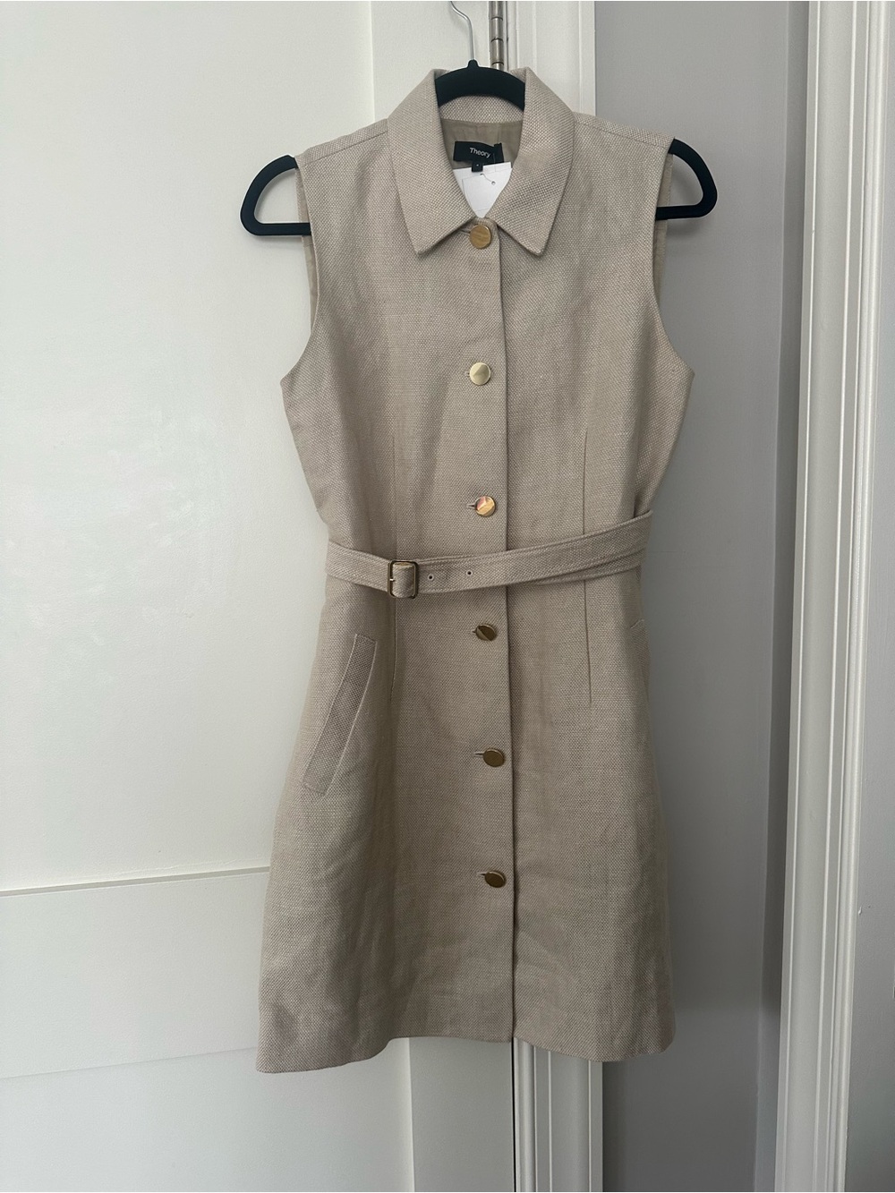 Theory Sleeveless Beige Button-Front Belted Shirt Dress, size 4